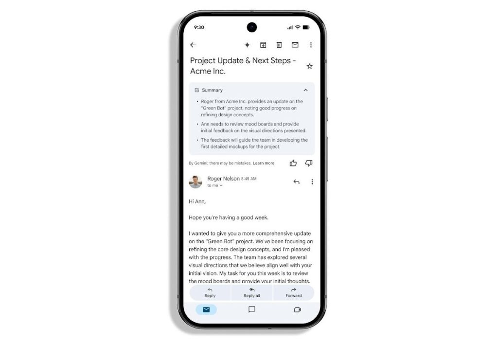 خلاصه‌سازی خودکار ایمیل‌ها توسط جمنای در جیمیل